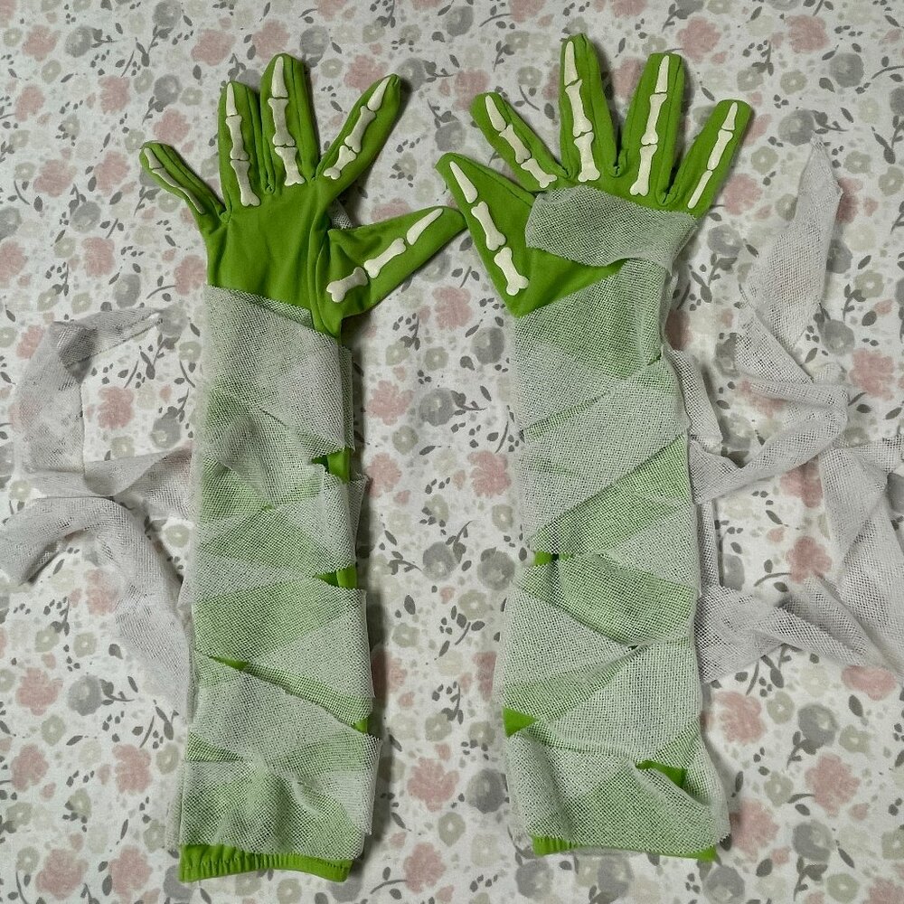 Mummy Gloves - Light Green w mummy wrap, Youth, Halloween Accessory
